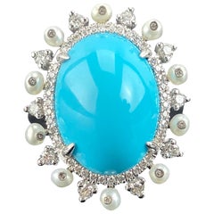10.92 Carat Cabochon Turquoise and Pearl and Diamond Cocktail Ring