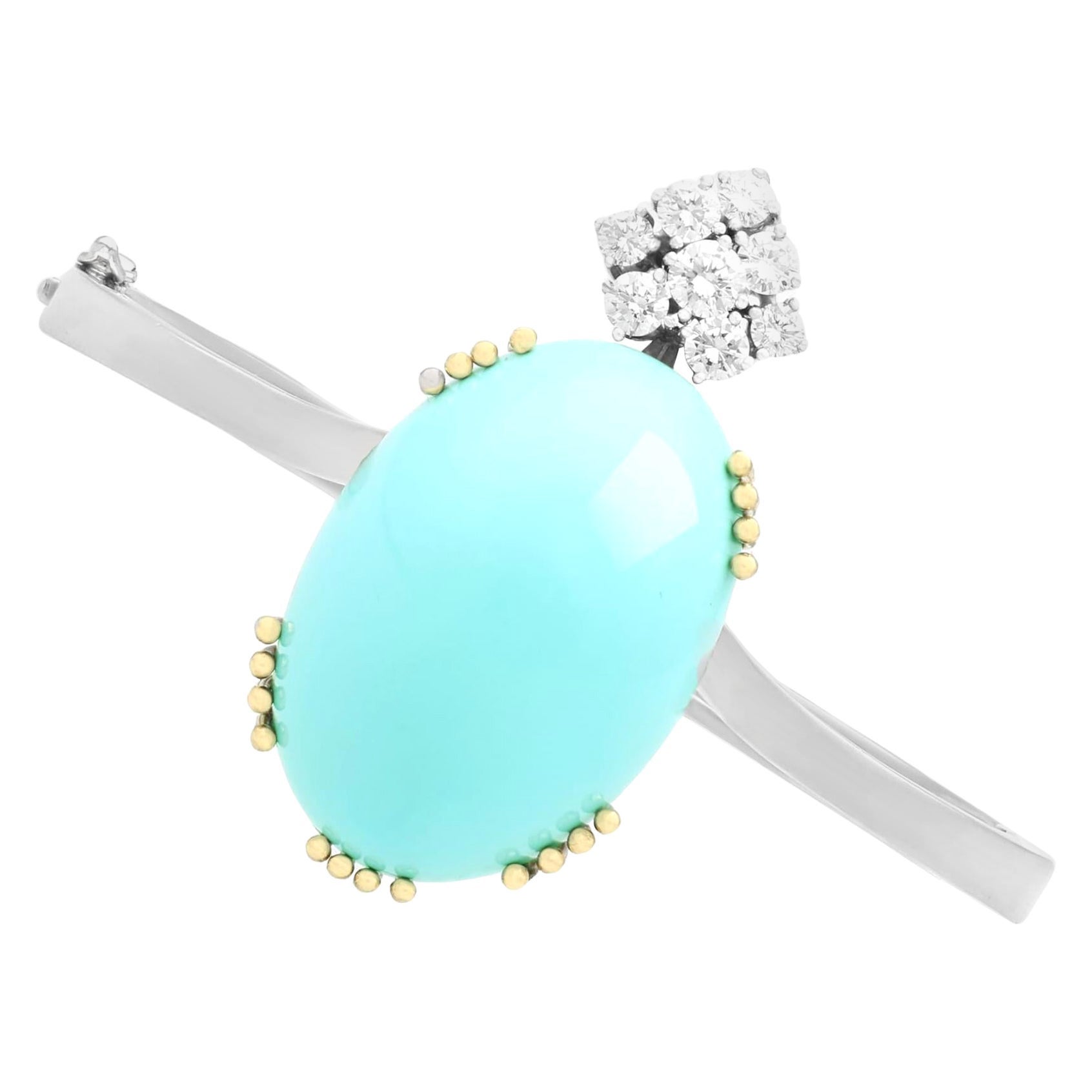 Vintage 43.44 Carat Cabochon Cut Turquoise and Diamond White Gold Bangle For Sale