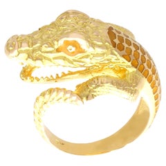 Vintage 18k Yellow Gold and Plique-à-Jour Crocodile Ring