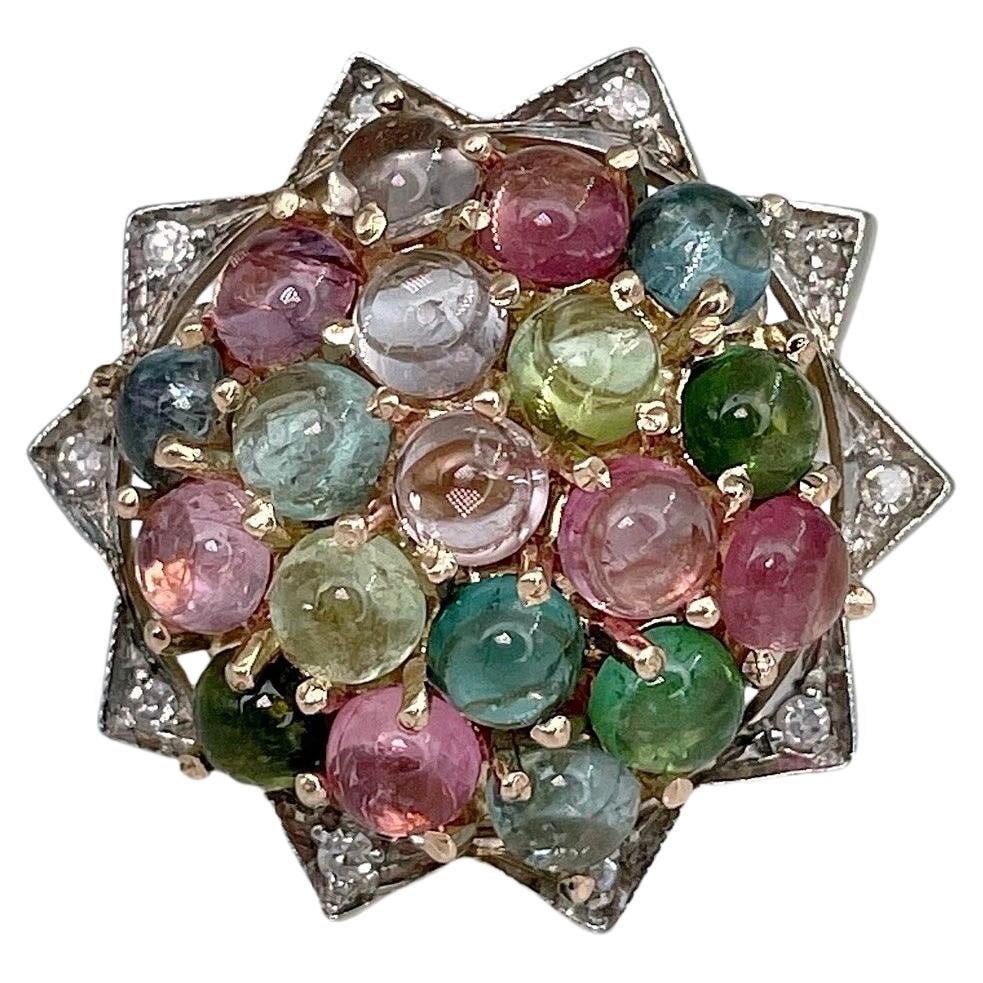 Vintage 14 Karat Gold 6.50 Carat Tourmaline 0.12 Carat Diamond Cocktail Ring For Sale