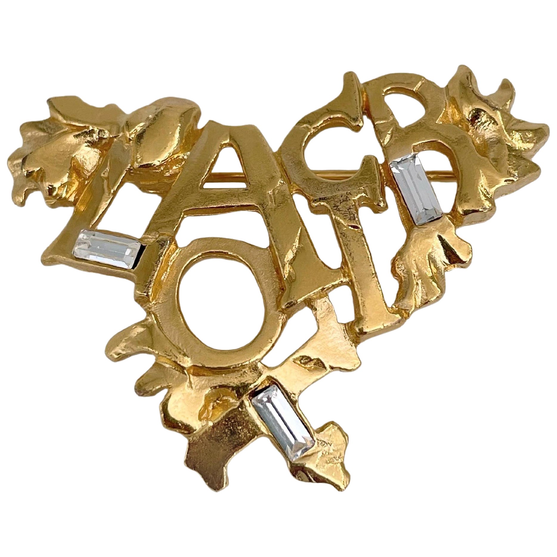 1990s Vintage Christian Lacroix Gold Tone Openwork Logo Heart Pin Brooch