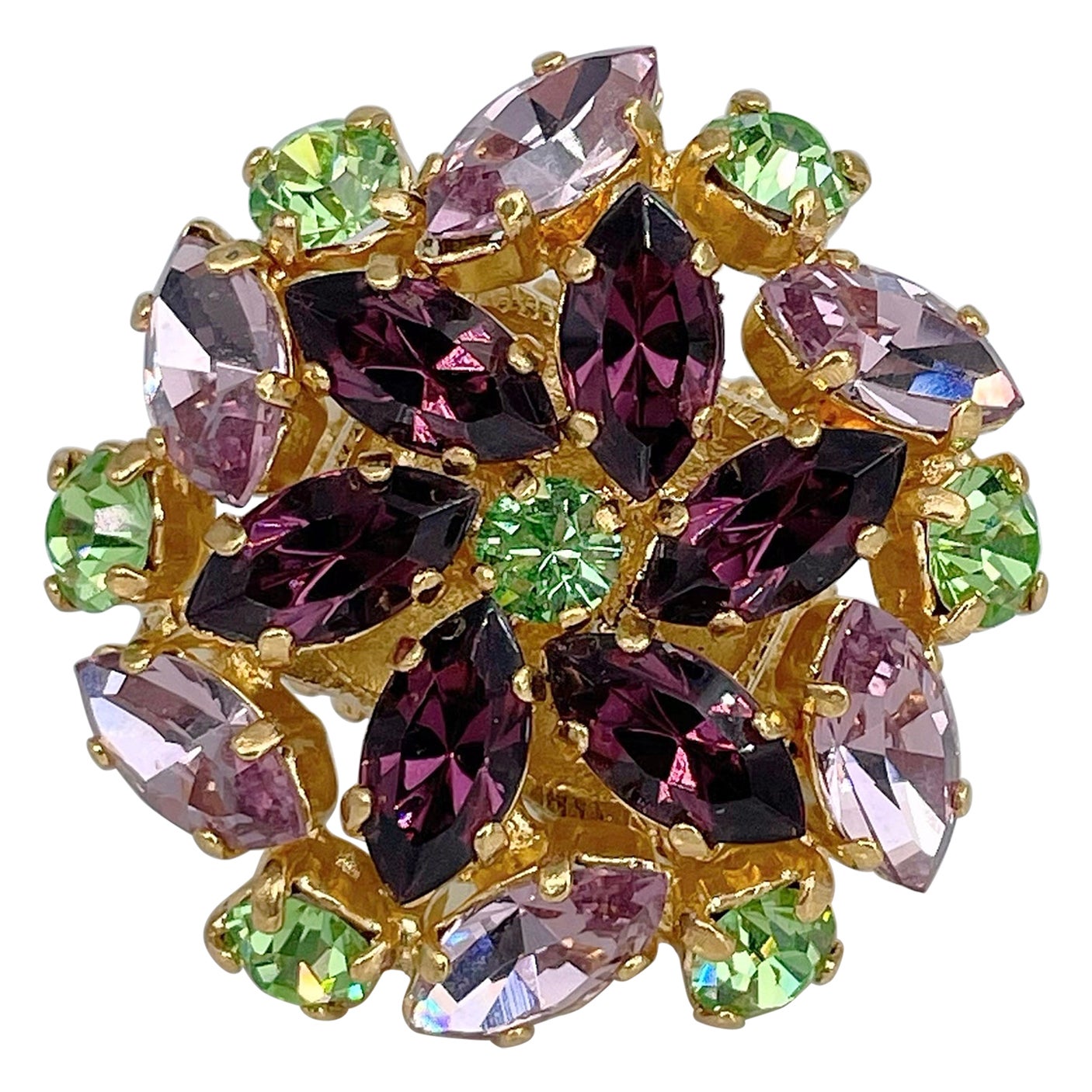 1980s Yves Saint Laurent YSL Purple Green Pink Crystal Floral Arty Cocktail Ring