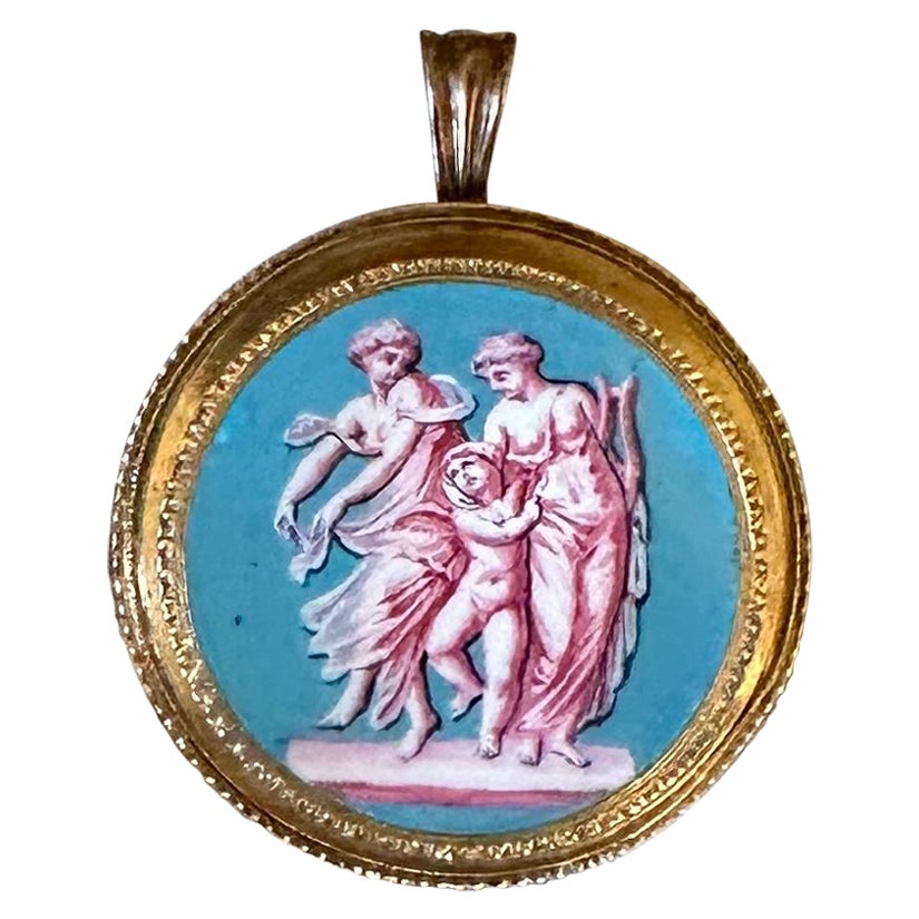 Goddess Cherub Enamel Pendant Necklace Neoclassical Etruscan Revival 18 Karat  For Sale