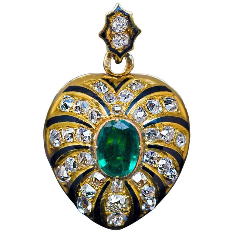 Antique Enamel Emerald Diamond Gold Heart Shaped Locket Pendant at