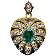 Antique Enamel Emerald Diamond Gold Heart Shaped Locket Pendant