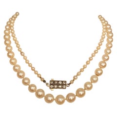 Pearl Necklace Art Deco Circa 1940s Cultured Akoya Pearls Diamond/Gold Clasp 
