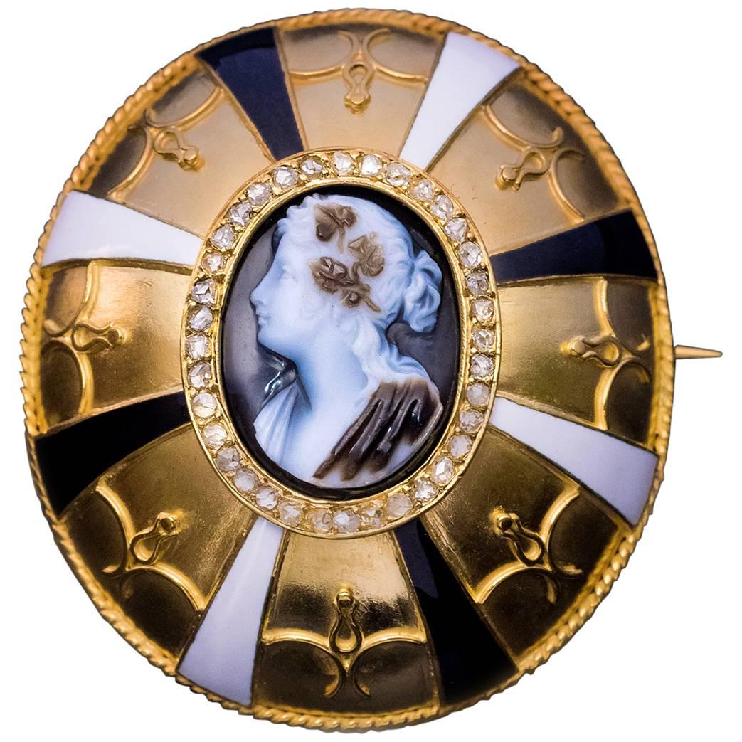 Antique Victorian Agate Cameo Enamel Diamond Gold Brooch