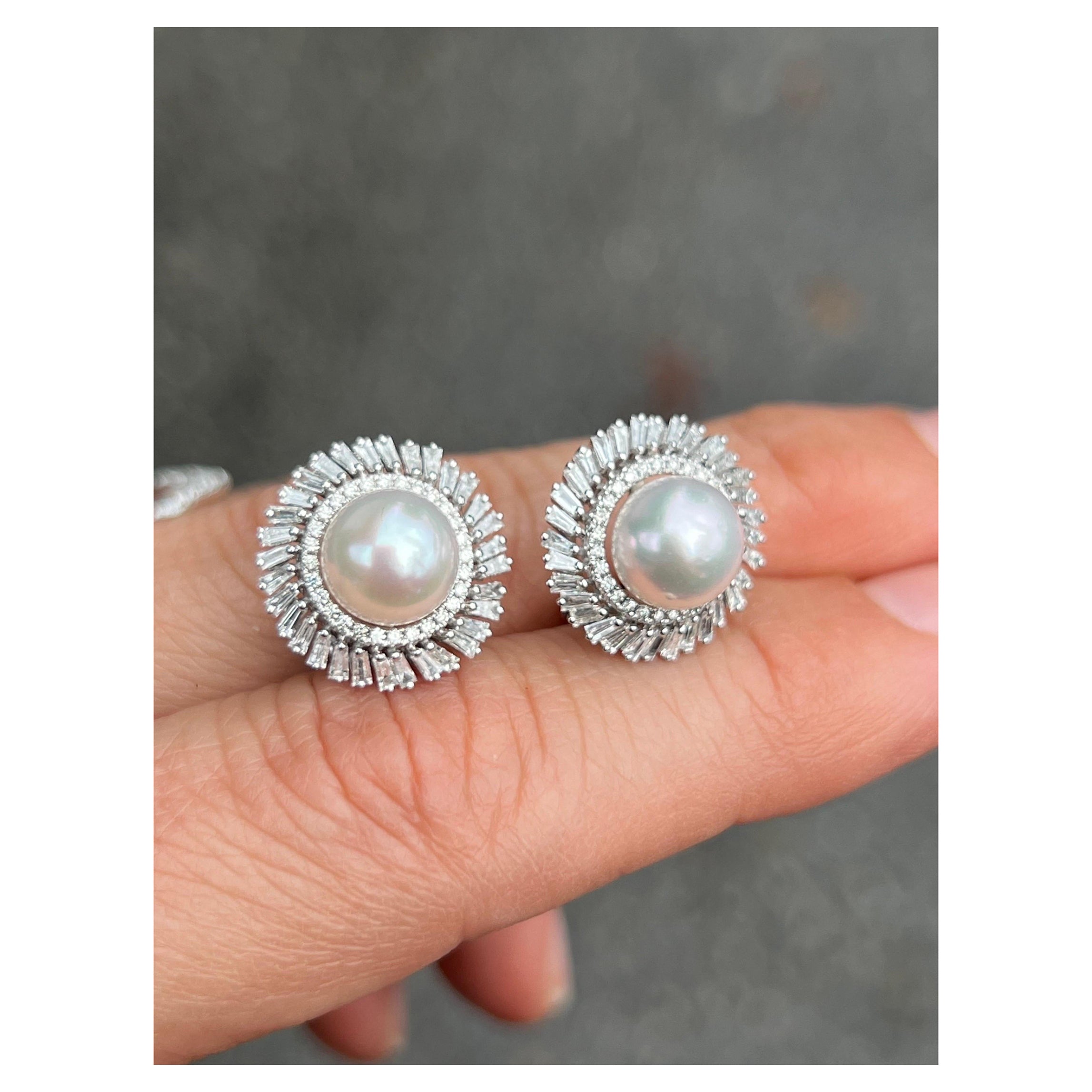 Baguette Diamond and Pearl Bridal Cocktail Earrings For Sale