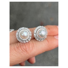 Baguette Diamond and Pearl Bridal Cocktail Earrings