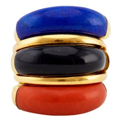 Vintage French Van Cleef & Arpels Coral, Onyx, and Lapis 18k Gold Ring Set