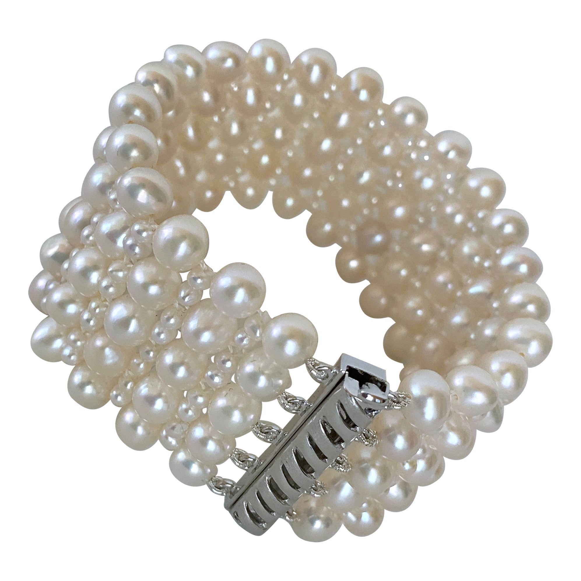 Marina J. Woven Pearl Wedding Bracelet with Rhodium Plated Silver Clasp For Sale