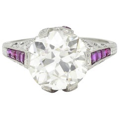 Vintage Art Deco 6.43 CTW Old European Diamond Ruby Platinum X Engagement Ring GIA
