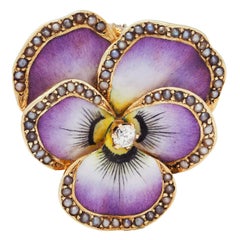 Art Nouveau Diamond Pearl Enamel 14 Karat Gold Pansy Antique Pendant Brooch