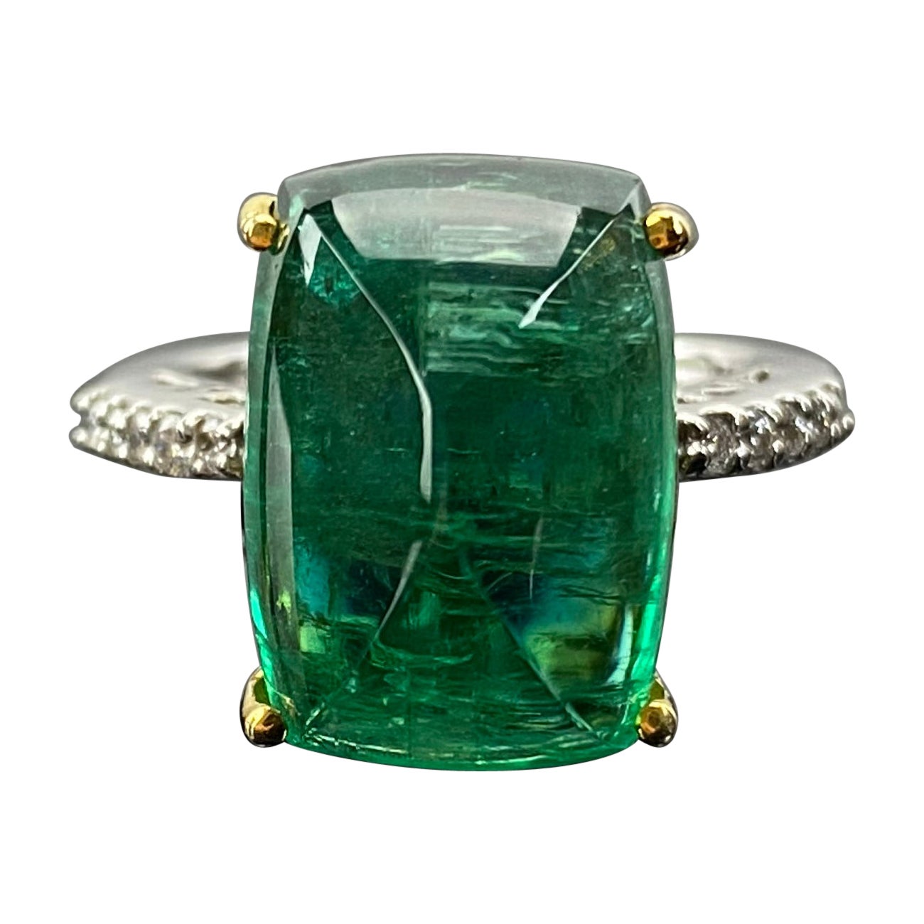 Certified 13.40 Carat Sugarloaf Emerald and Diamond 18K Cocktail Ring