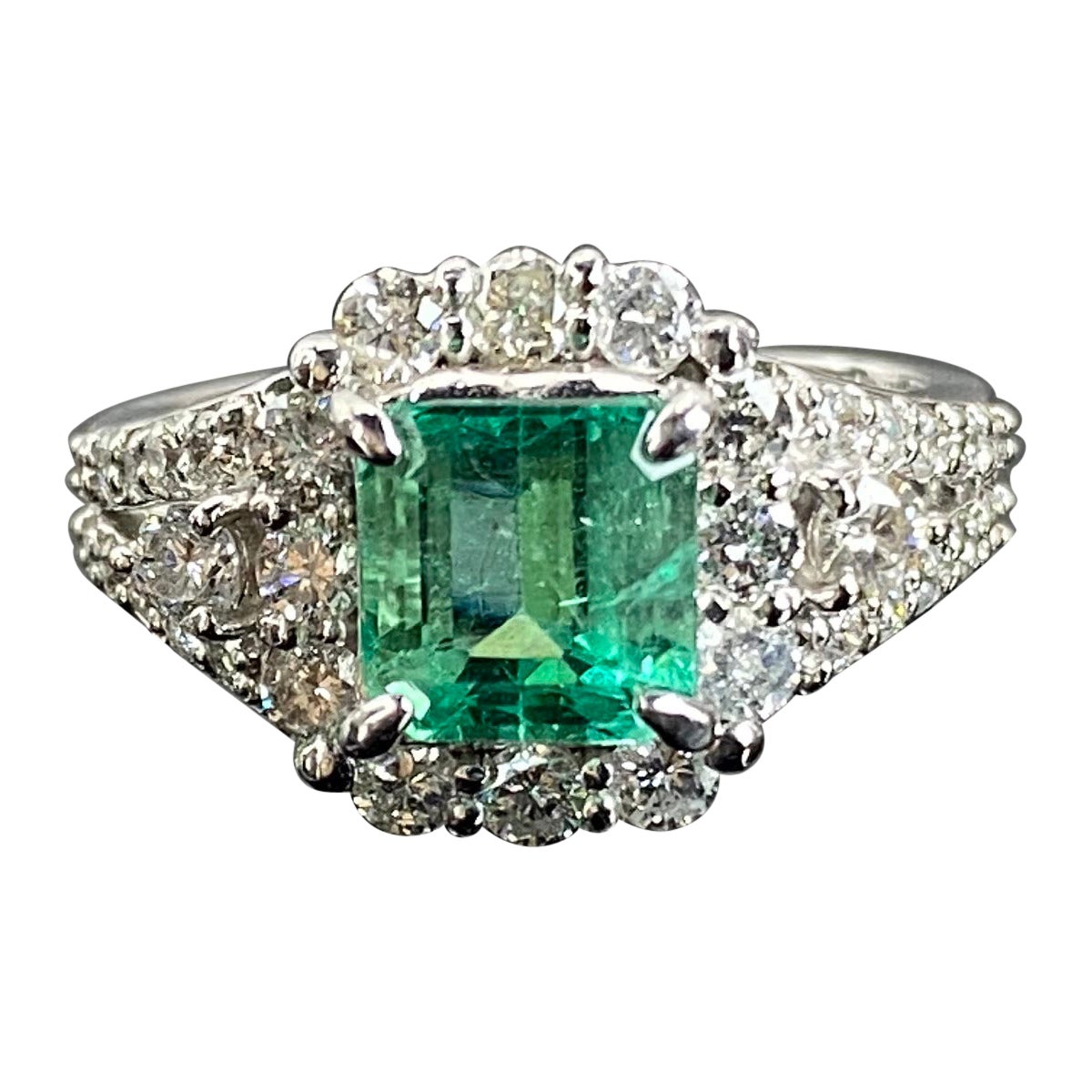 Certified 1.53 Carat Emerald and Diamond Engagement Ring For Sale