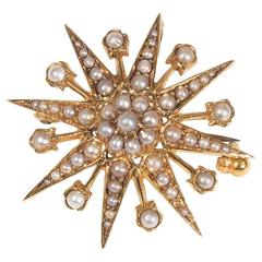Victorian Half Pearl Gold Star Brooch Pendant