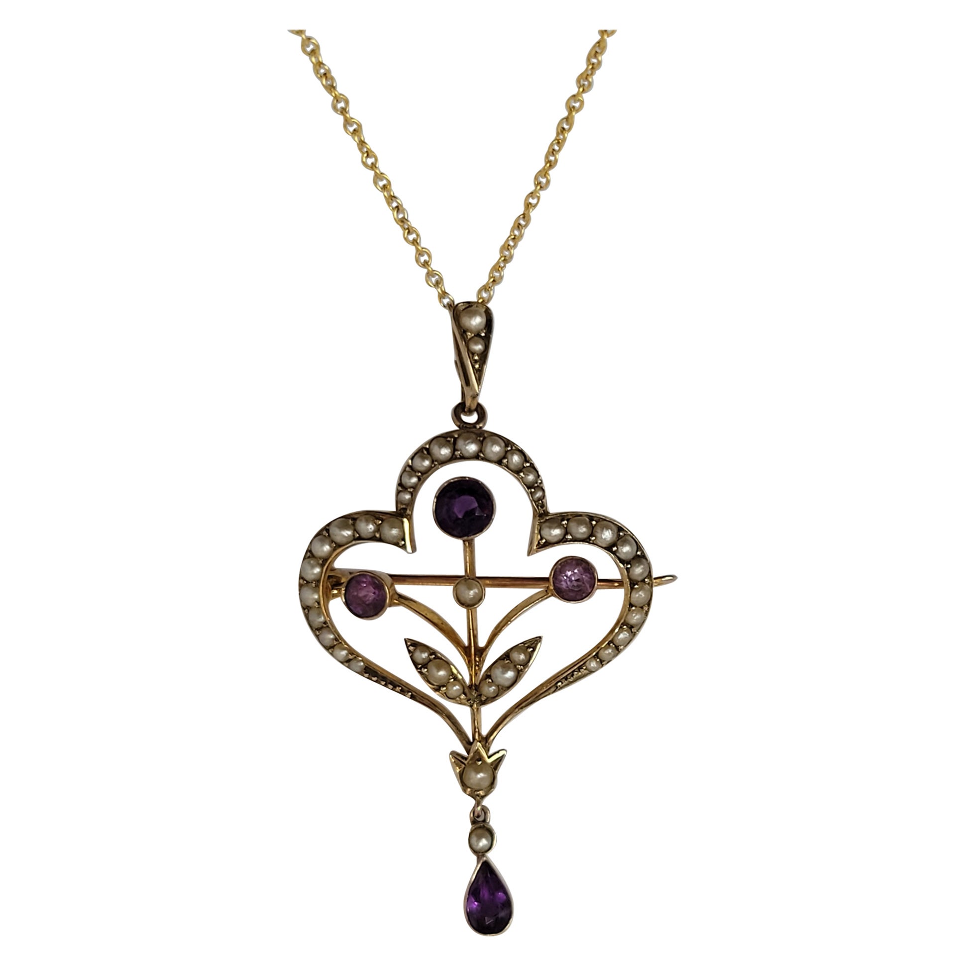 Antique Edwardian Amethyst Pearl Gold Brooch Pendant Necklace For Sale