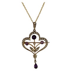 Antike edwardianische Amethyst-Perlen-Gold-Brosche-Anhänger-Halskette