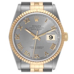 Rolex Datejust Steel Yellow Gold Slate Dial Mens Watch 16233 Box Papers