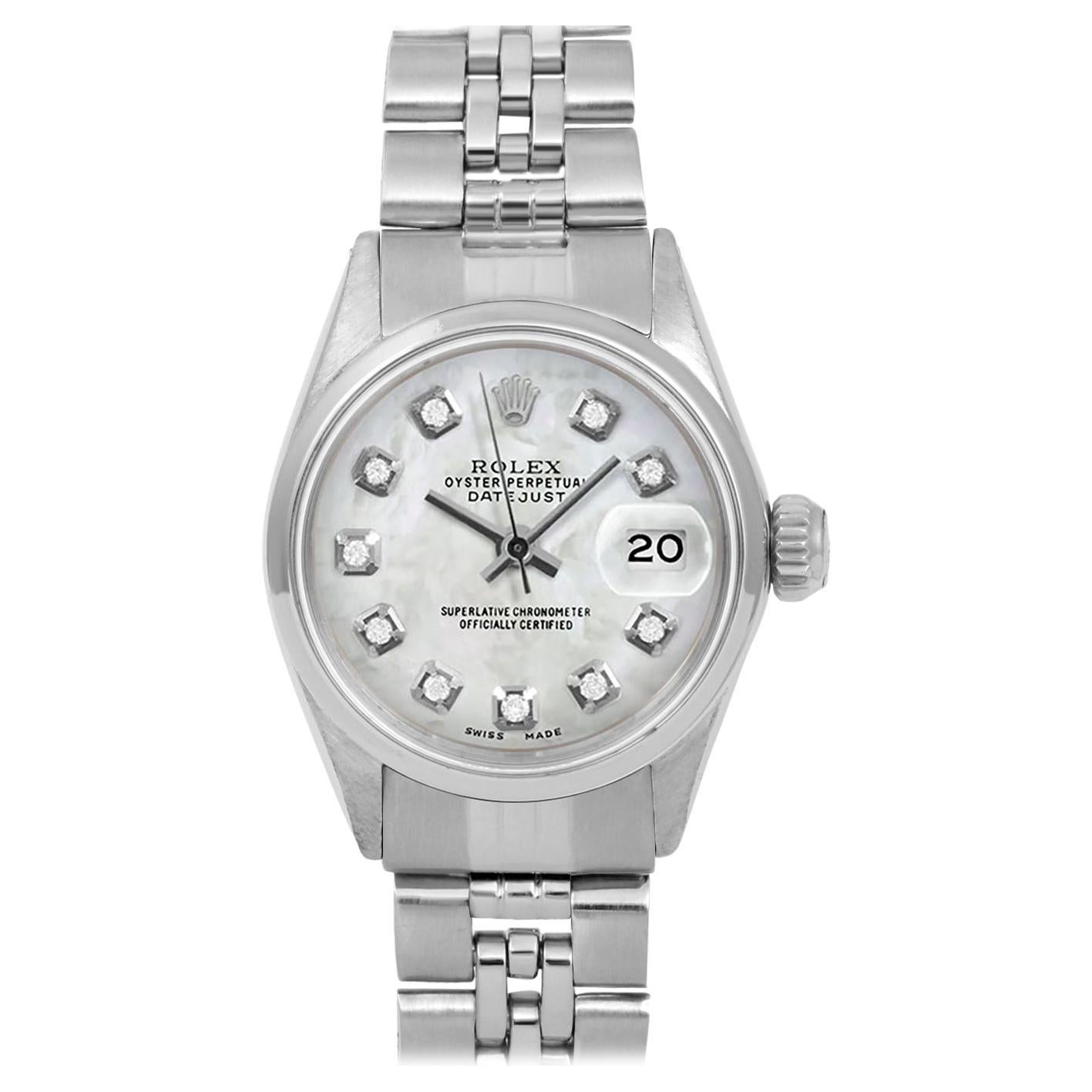 Rolex Ladies SS Datejust MOP Diamond Dial Smooth Bezel Jubilee Band Watch For Sale