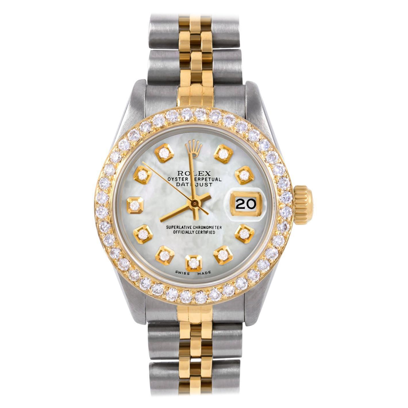 Rolex Lady TT Datejust Mother of Pearl Diamond Dial Diamond Bezel Jubilee Watch For Sale