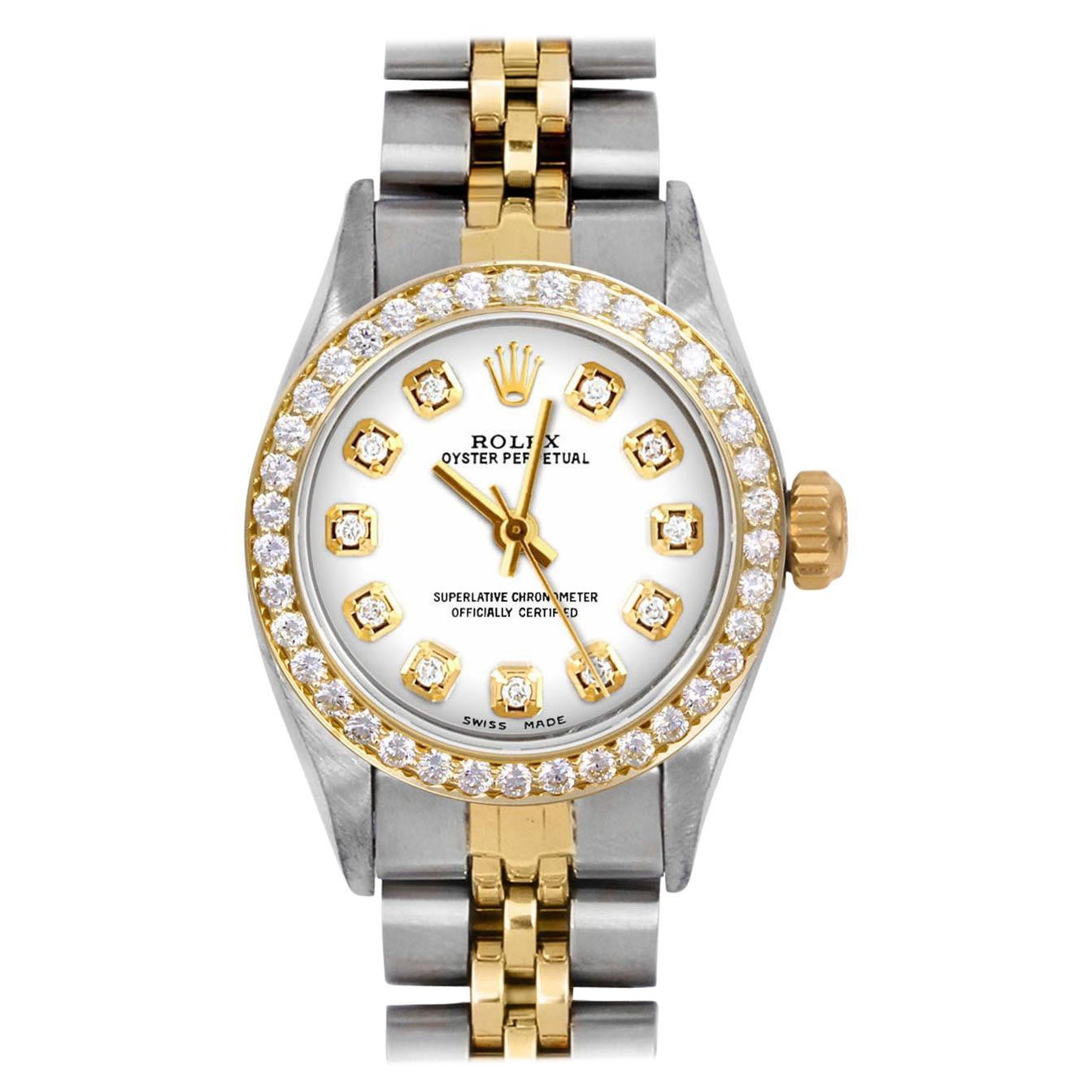 Rolex Damen TT Oyster Perpetual White Diamond Zifferblatt Diamant-Lünette Jubiläumsuhr im Angebot