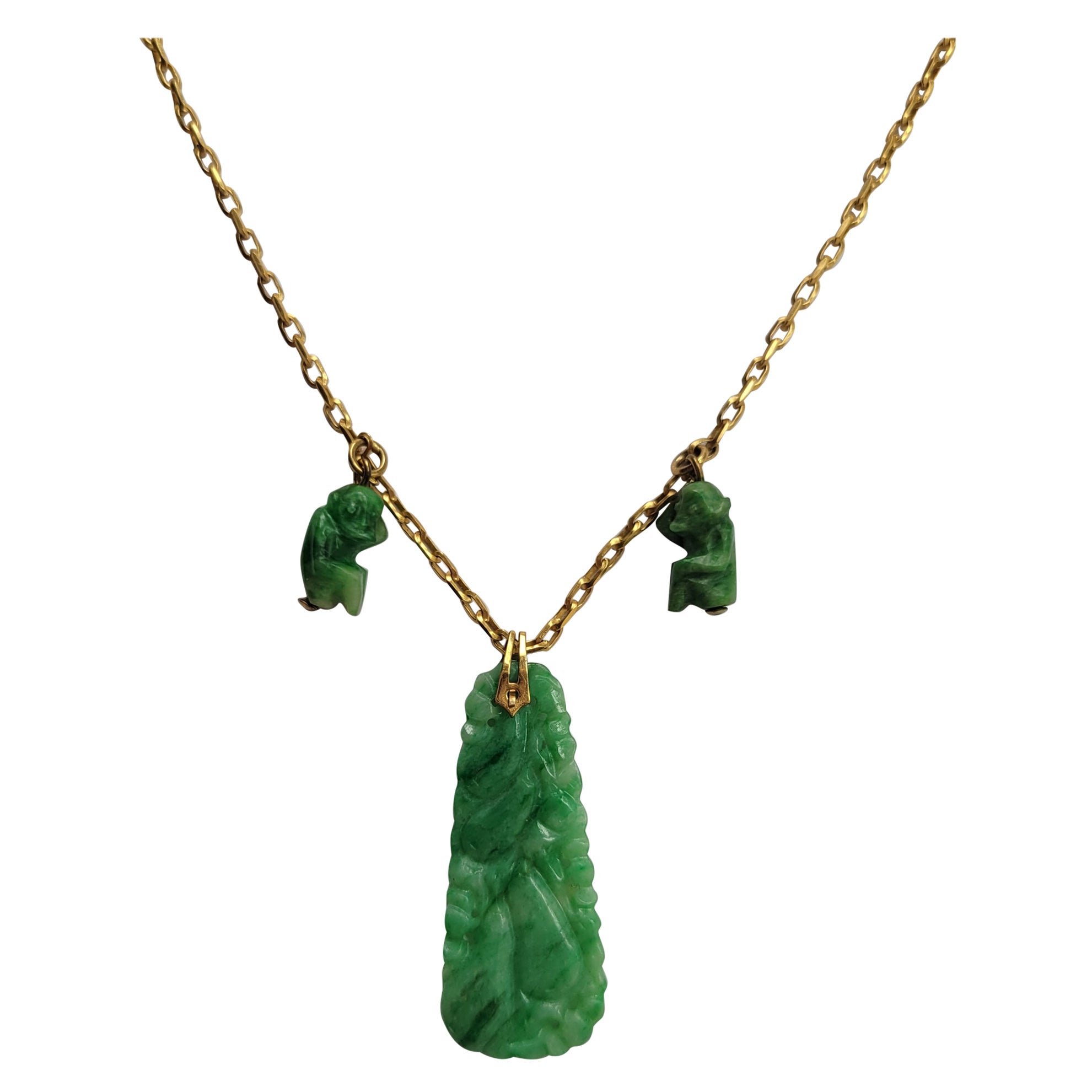 Collier pendentif singe vintage inhabituel en jade sculpté