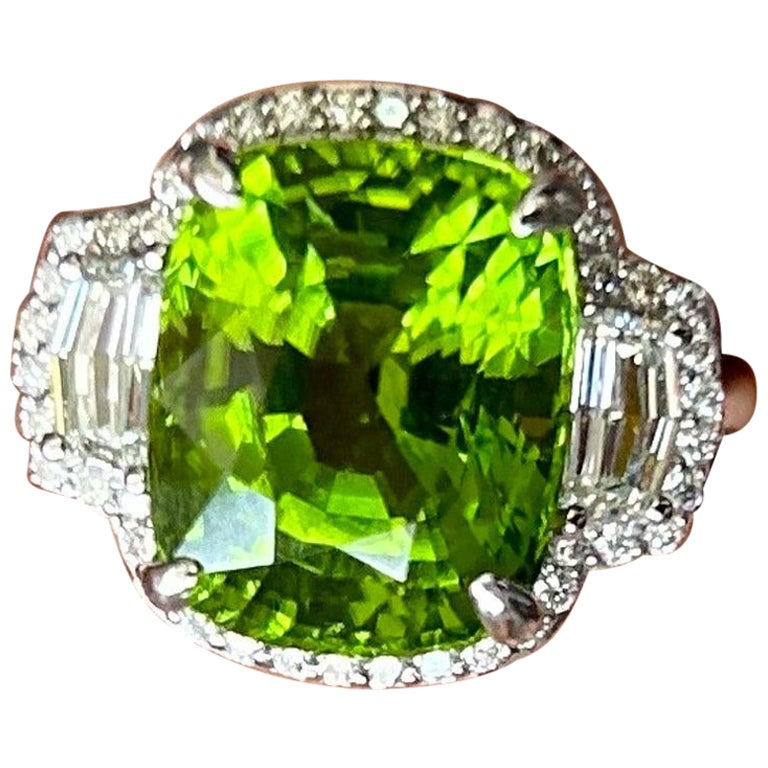 11.96 Carat Cushion Shape Peridot and Diamond Three Stone Engagement Ring For Sale
