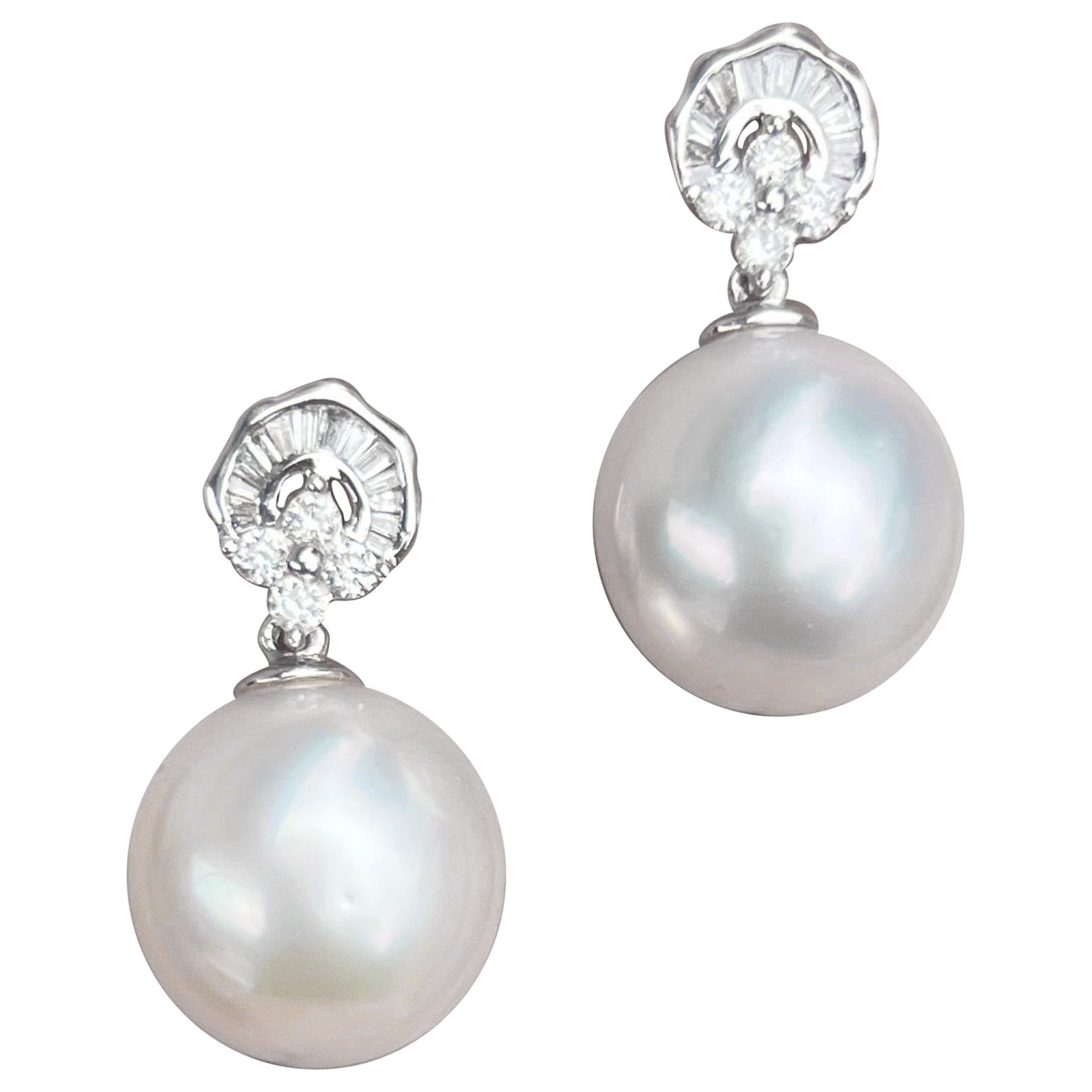 18K White Gold Baguette Diamond and Dangle Pearl Bridal Cocktail Earrings For Sale