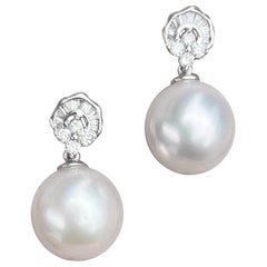 18K White Gold Baguette Diamond and Dangle Pearl Bridal Cocktail Earrings