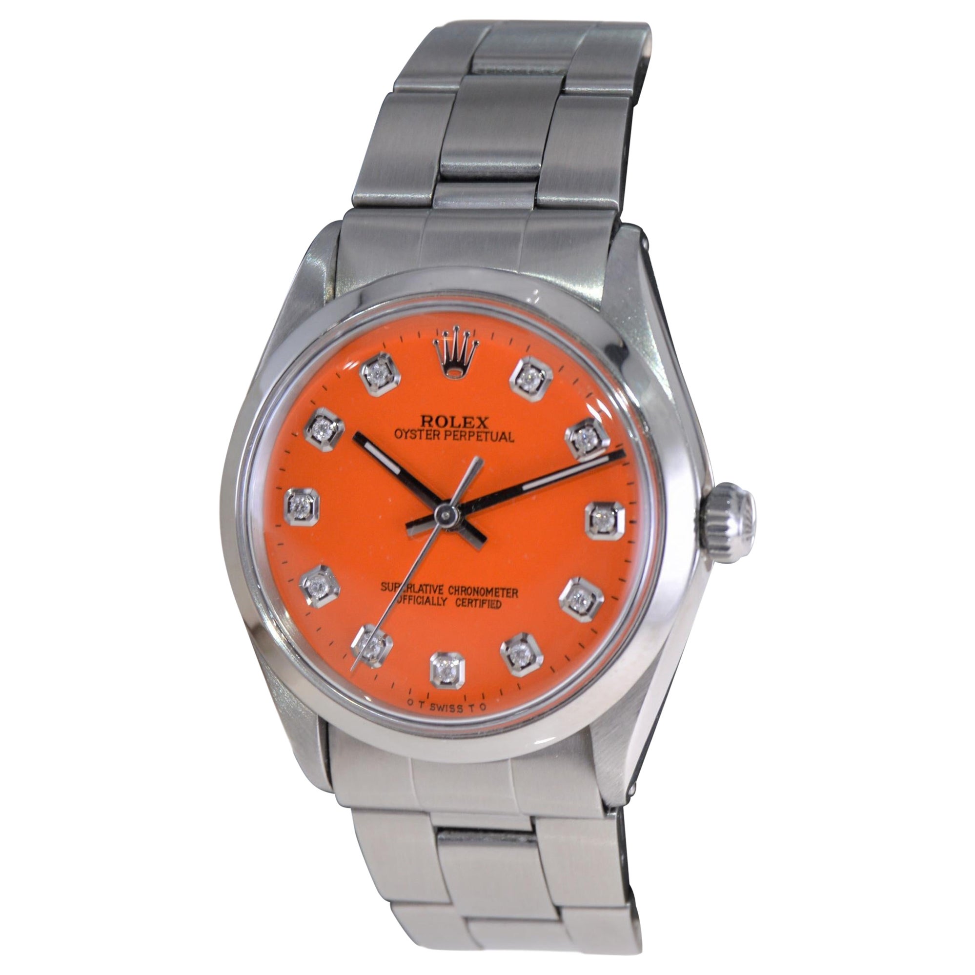 Rolex Steel Oyster Perpetual with Custom Orange Dial, Diamond Markers, 1960s For Sale