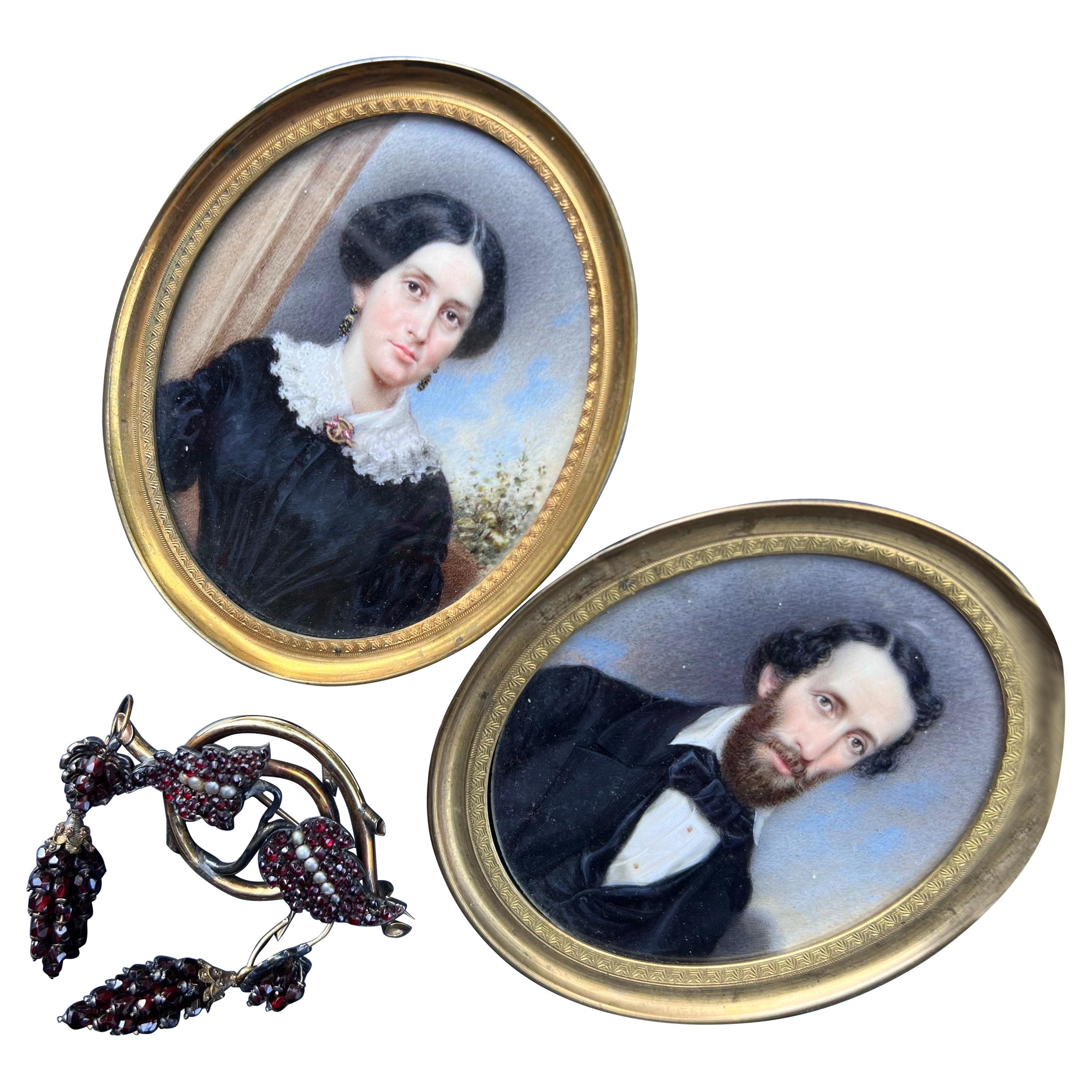 Antique Hand Painted Couple Miniature portrait and garnet pin earrings  For Sale