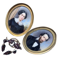 Antique Hand Painted Couple Miniature portrait and garnet pin earrings 