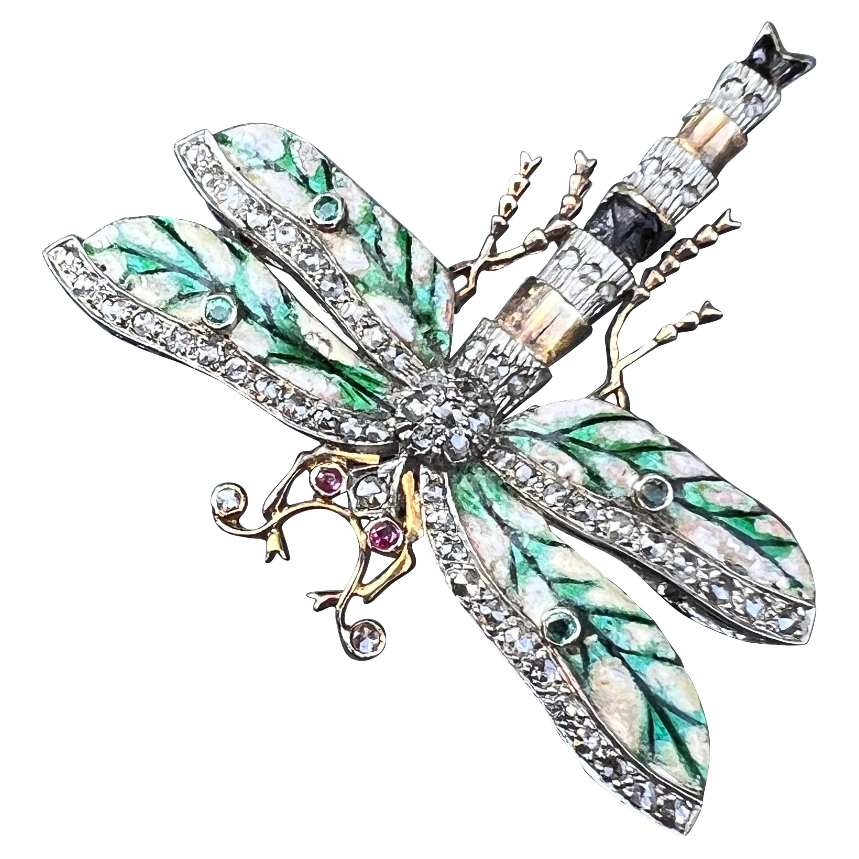 Gorgeous Dragonfly Brooch Sliver Gold, Ruby, Emerald and Diamonds For Sale