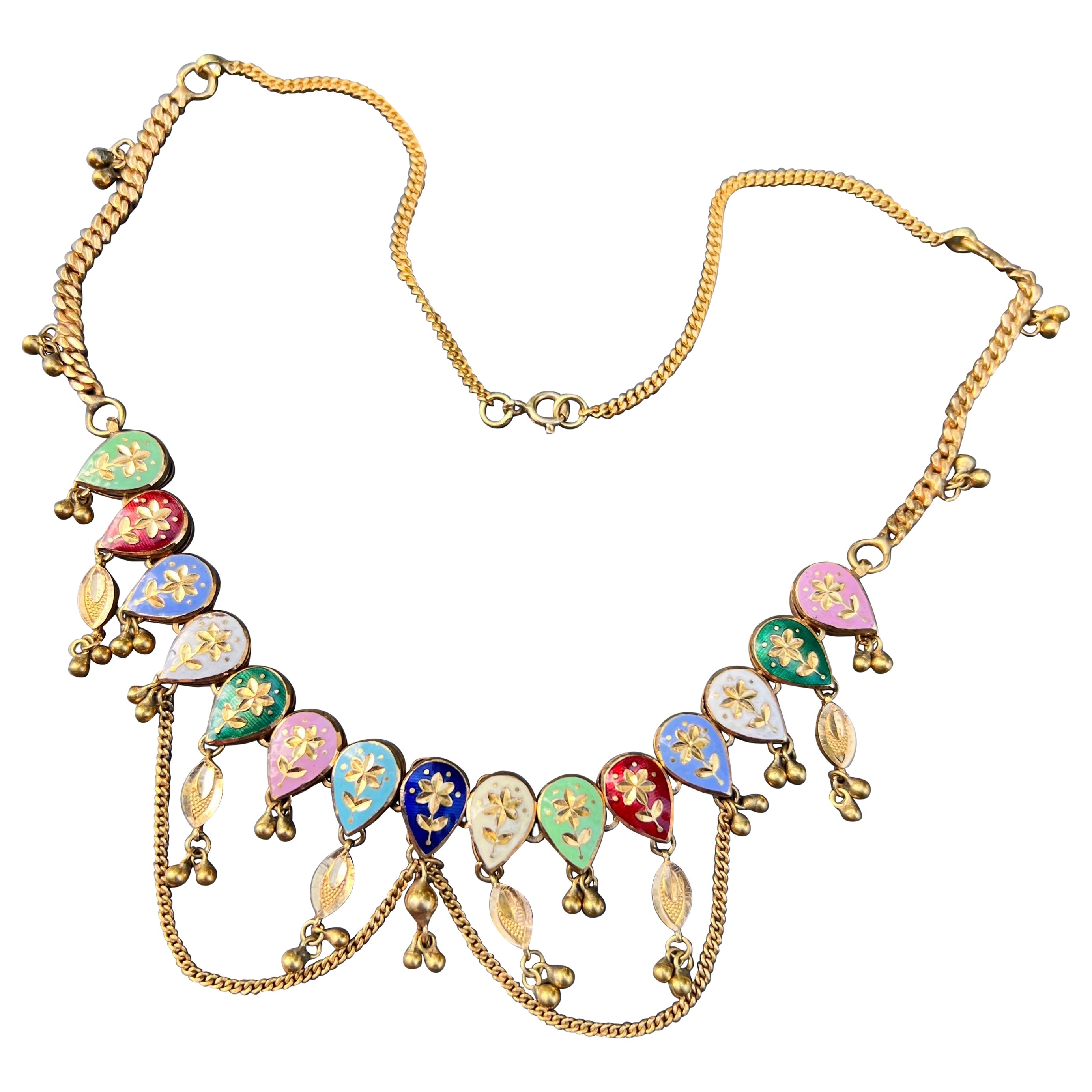 1970 21kt Gold enamel swag necklace India 