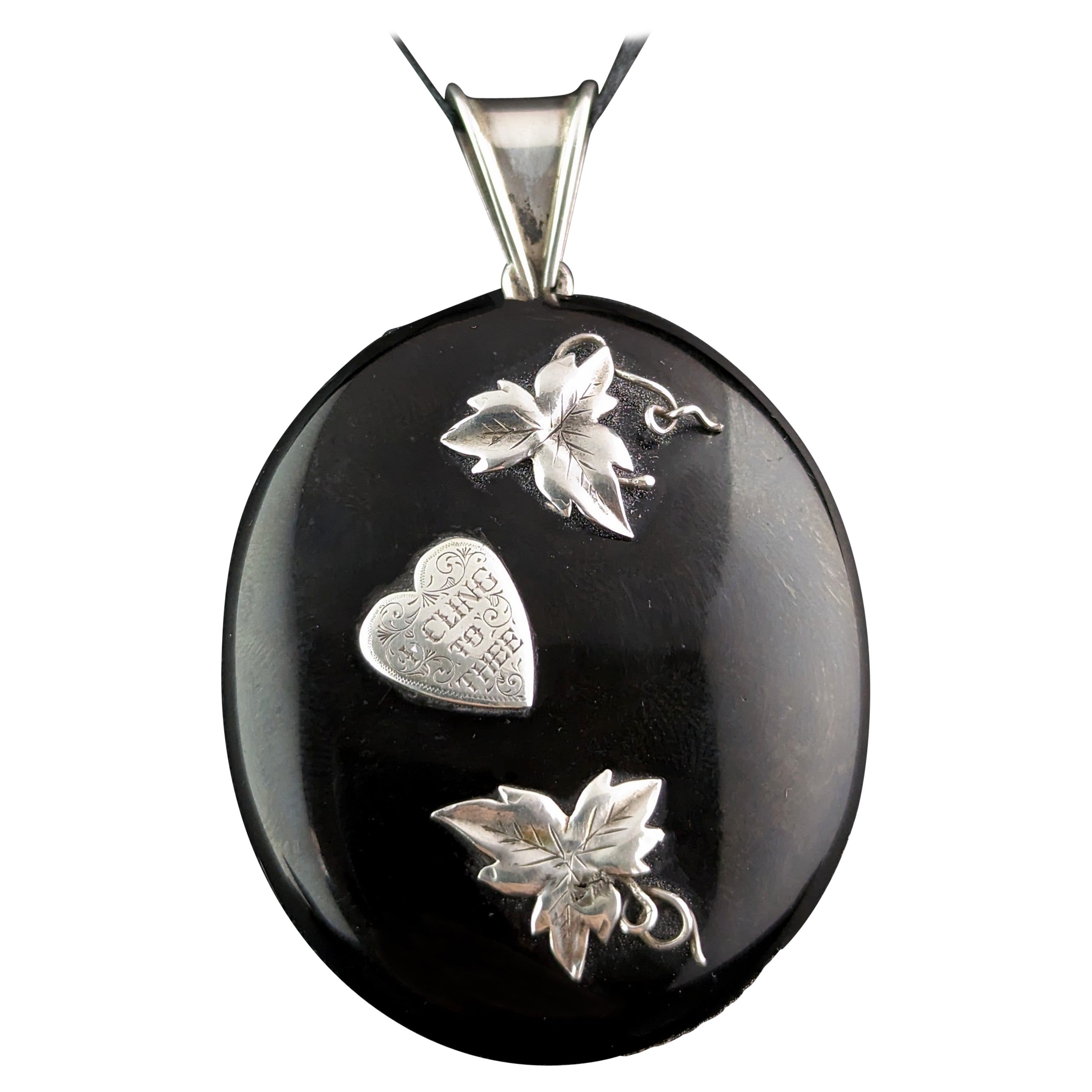 Victorian I cling to thee locket, Whitby Jet and sterling silver  For Sale