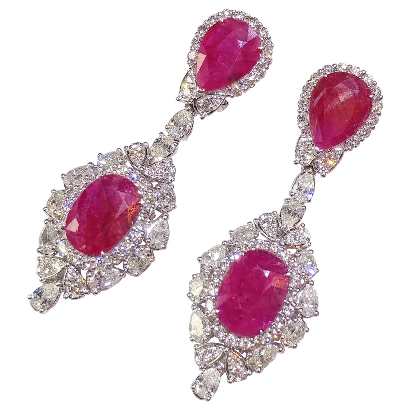 IGI Certified 16.74 Carat Ruby & 6.86 Carat Diamond Earrings in 18K White Gold For Sale