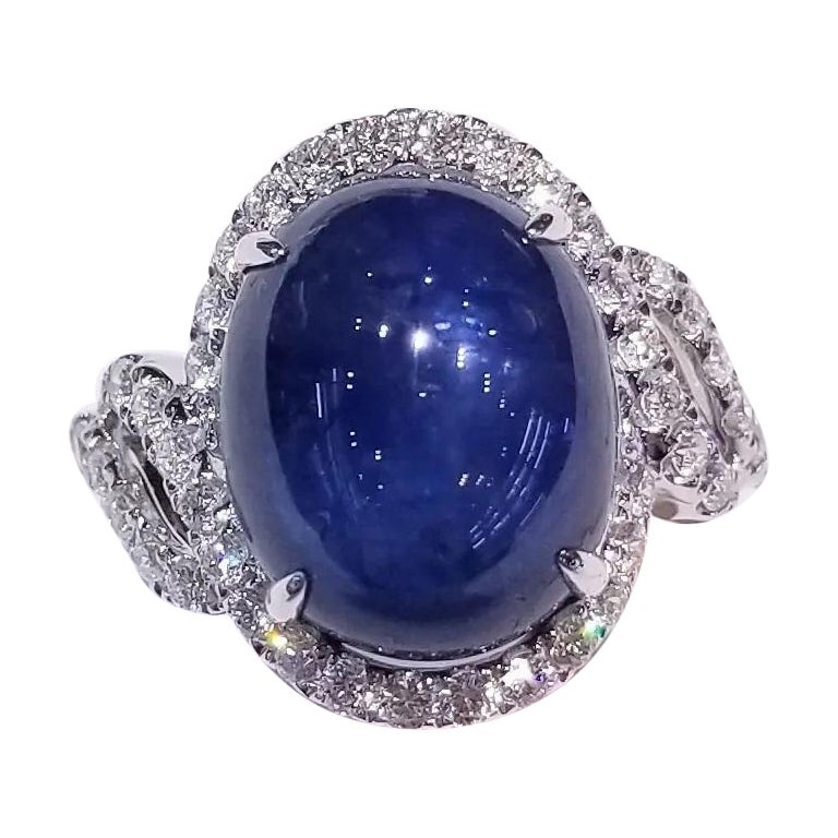 IGI Certified 11.12 Carat Blue Cabochon Sapphire & Diamond Ring in 18K WhiteGold