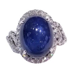 IGI Certified 11.12 Carat Blue Cabochon Sapphire & Diamond Ring in 18K WhiteGold
