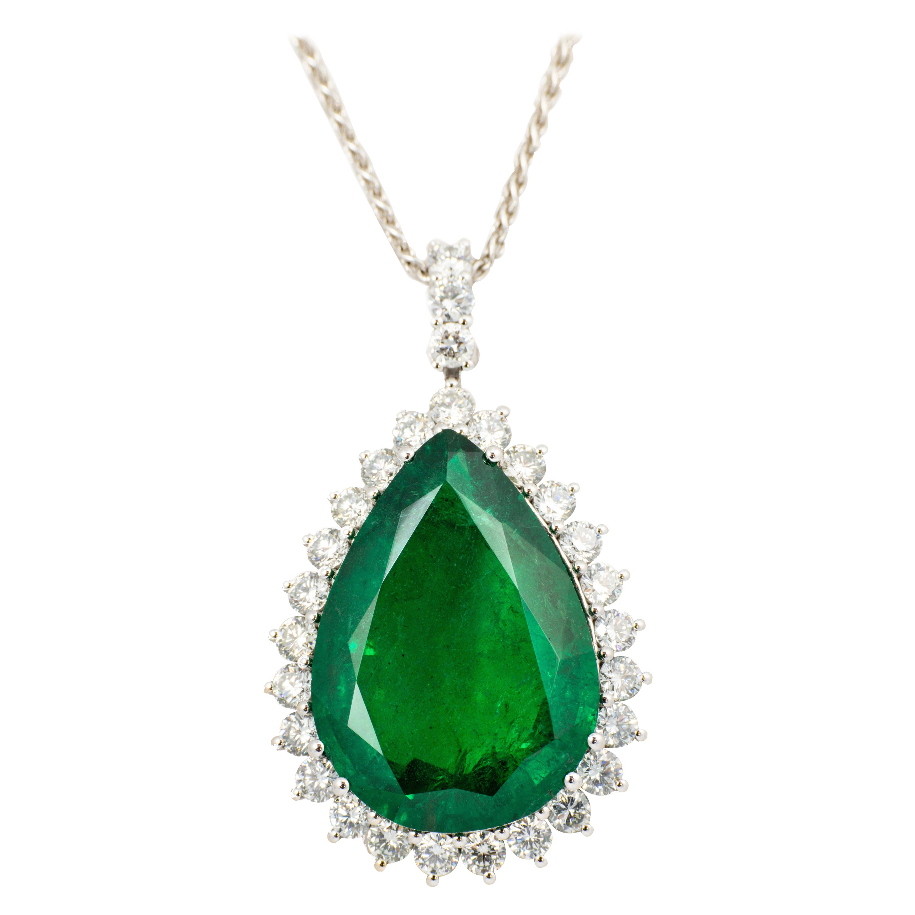 "Costis" Rare Emerald GRS Certified 27.56 Ct, Zambia Pear Cut, Diamonds Necklace For Sale