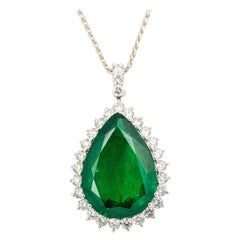 "Costis" Rare Emerald GRS Certified 27.56 Ct, Zambia Pear Cut, Diamonds Necklace