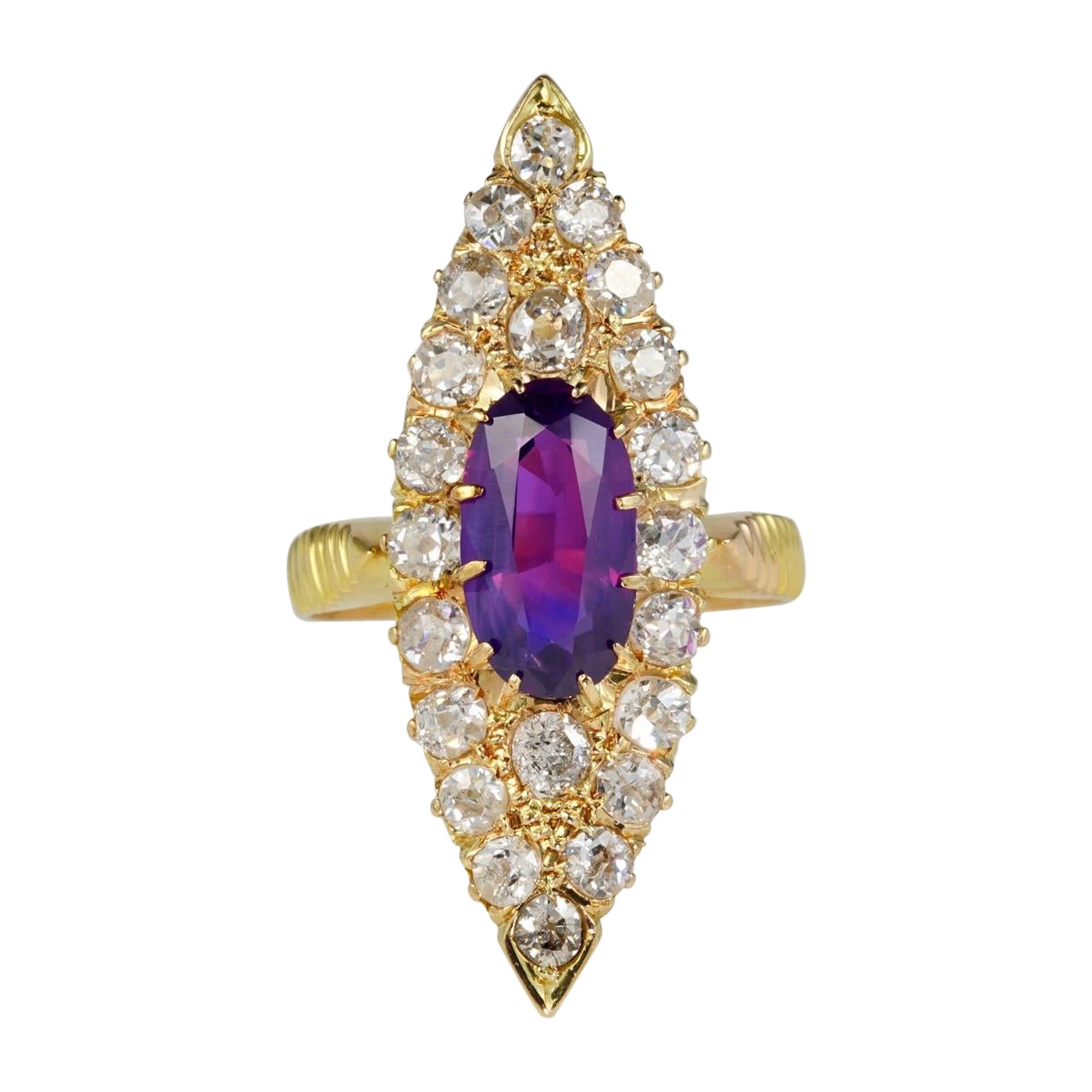 Viktorianischer Navette-Ring, 1,80 Karat zertifizierter lila Ceylon Saphir 2,0 Karat Diamant