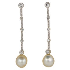 Used Edwardian Certified Natural Pearl Diamond Platinum Earrings