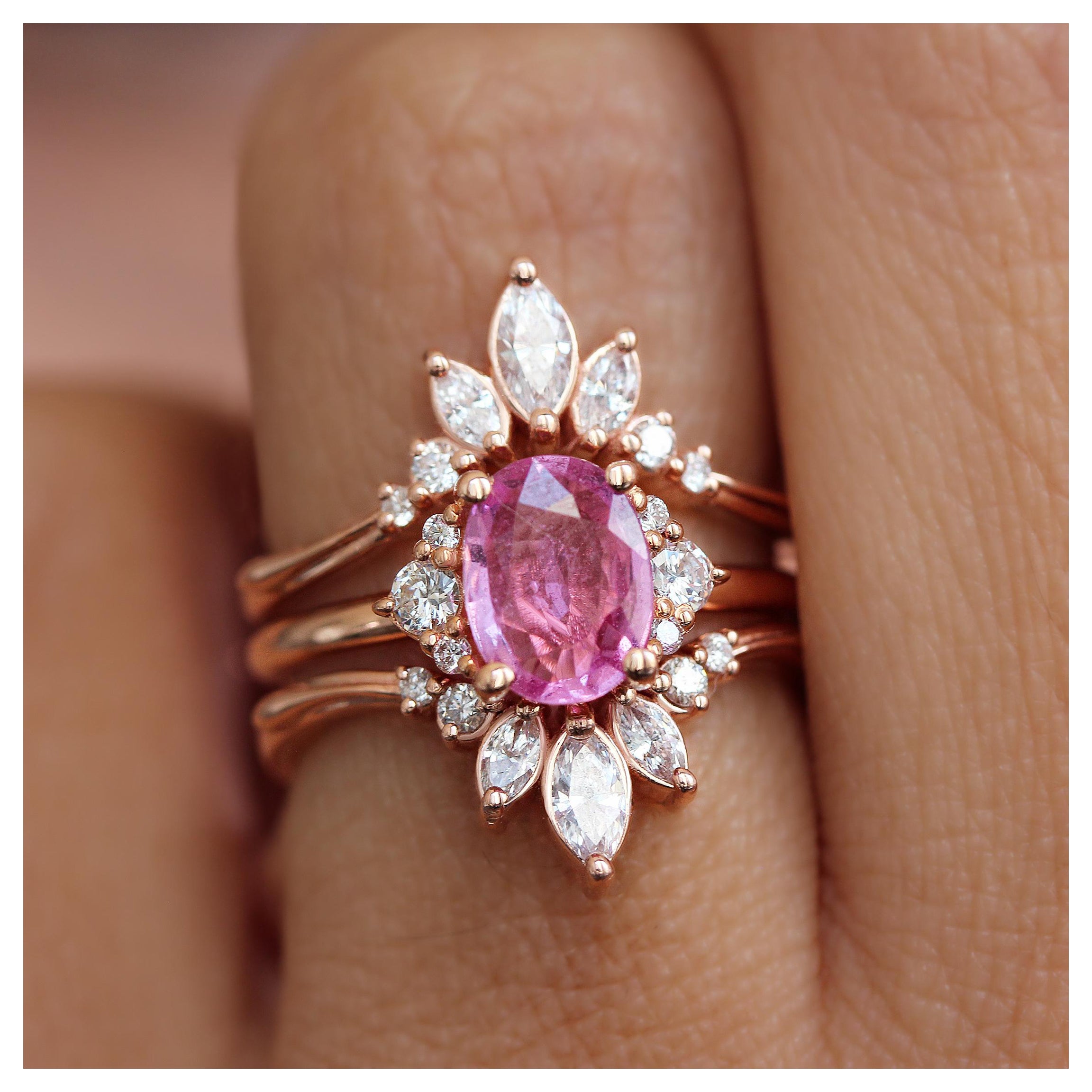 For Sale:  Oval Pink Sapphire and Diamonds Engagement Ring and Ring Guard Isabella Danielle