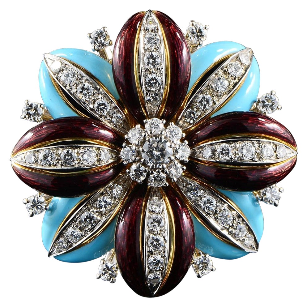Broche rétro en forme de fleur en émail et diamants 18 KT en vente