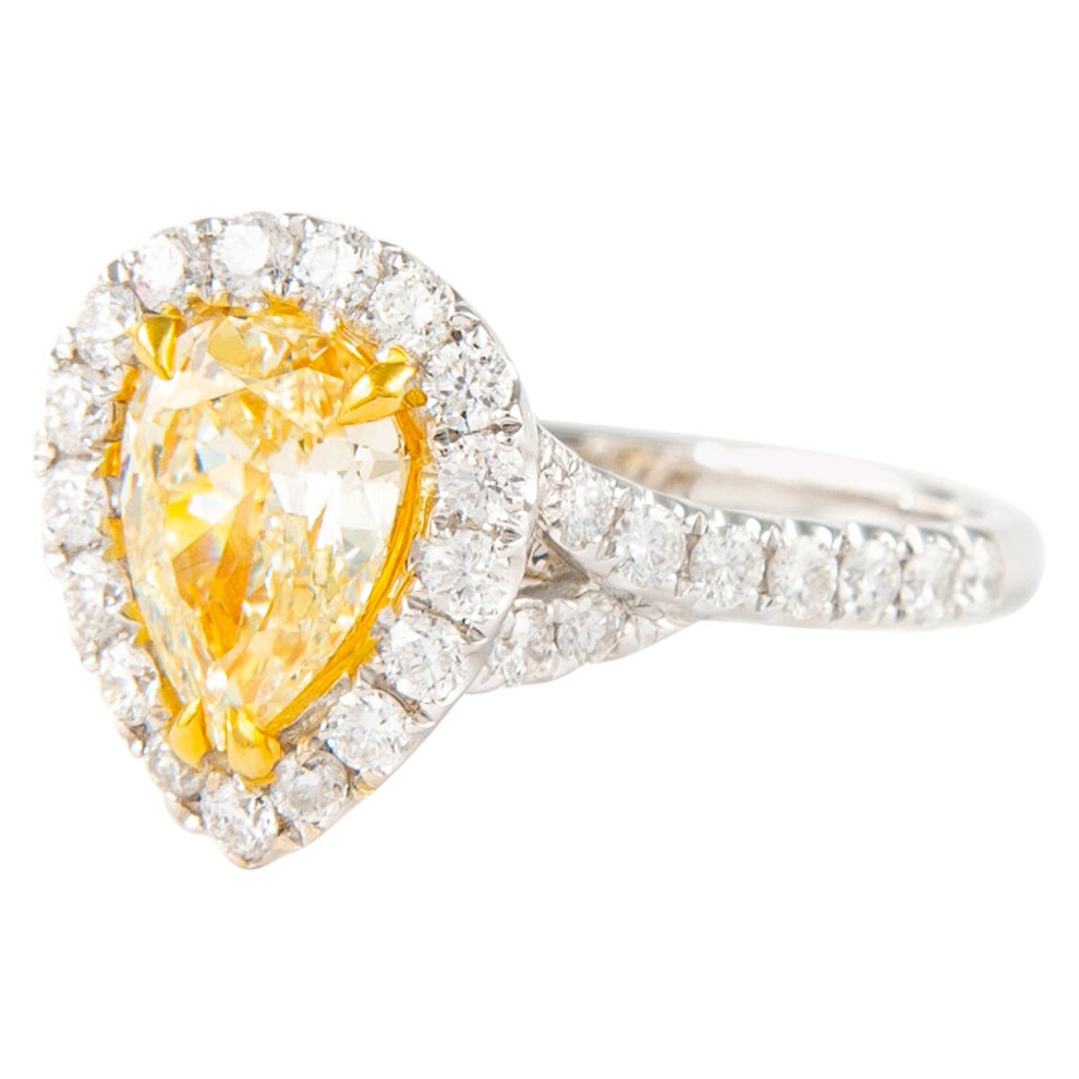 Alexander EGL 1.23ct Fancy Yellow Pear Diamond with Halo Ring 18k For Sale