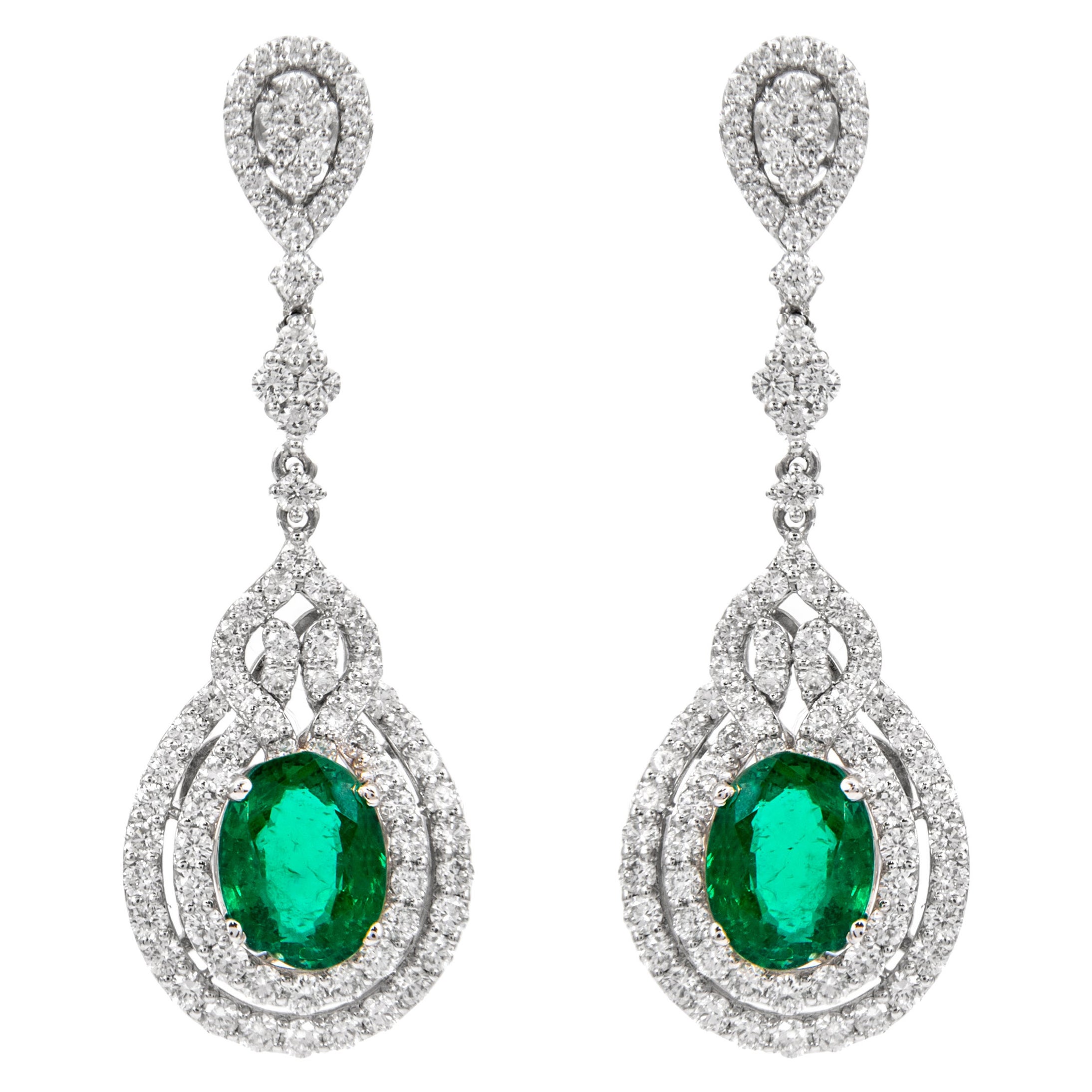6.24ctt Oval Emeralds with Diamonds Drop Earrings 18k White Gold