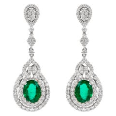 6.24ctt Oval Emeralds with Diamonds Drop Earrings 18k White Gold