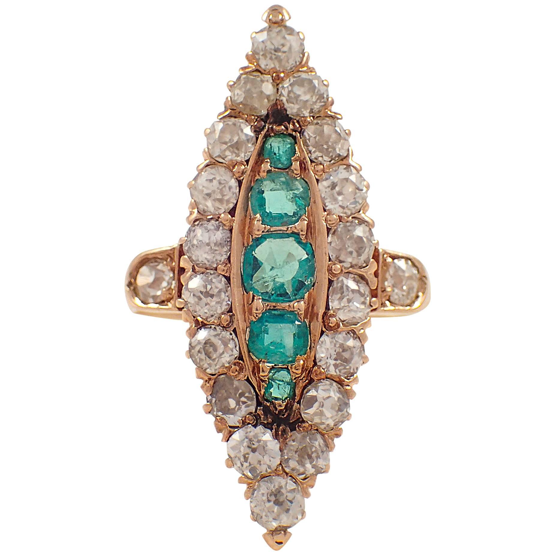 Victorian Emerald Diamond Gold Navette Ring For Sale