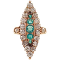 Victorian Emerald Diamond Gold Navette Ring 